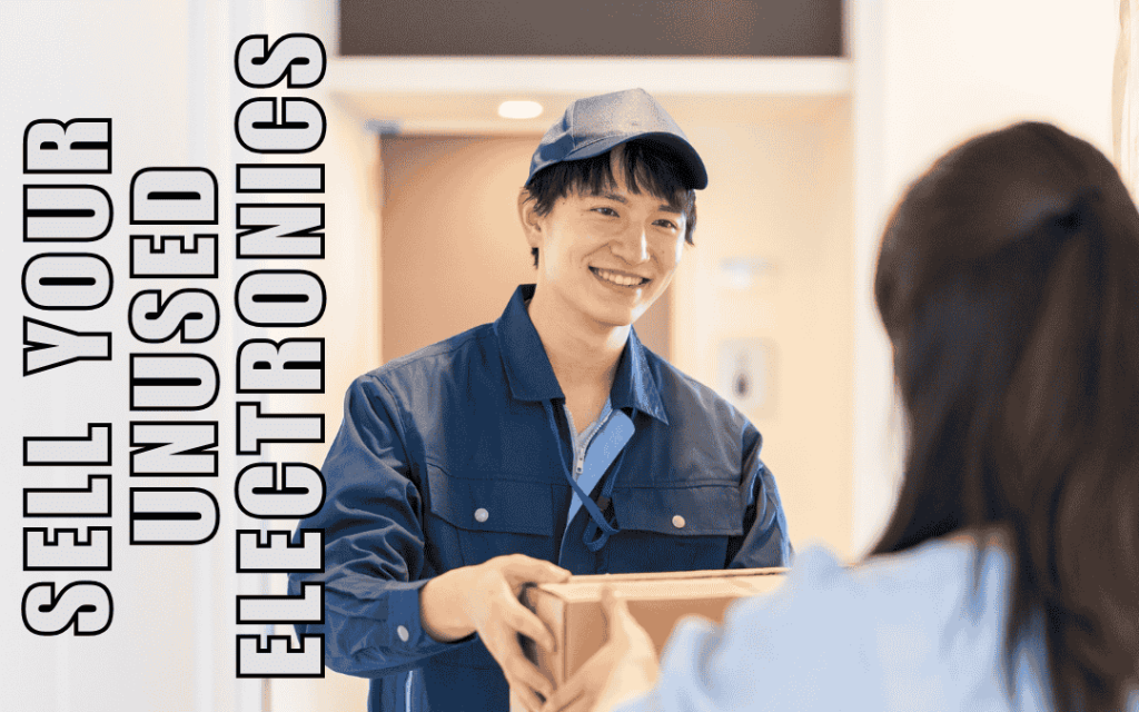 A delivery boy picking up a box from a customer