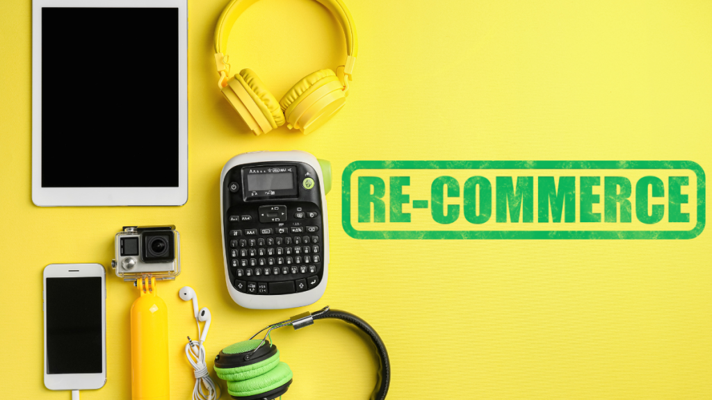 Image of a few electronic devices and the text Re-Commerce to the right side