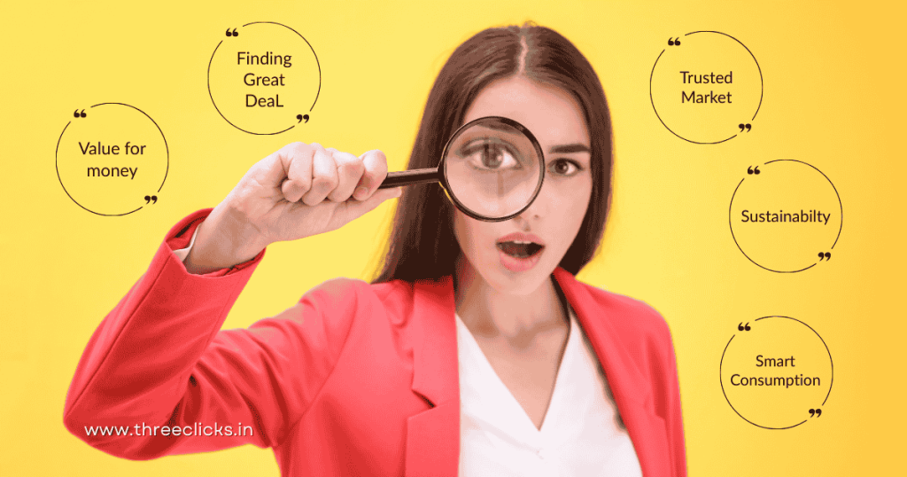 Image of woman looking with a lens in hand, the image has the text value for money, finding great deal, trusted market, sustainability, smart consumption. It portrays the benefits of buying used tech