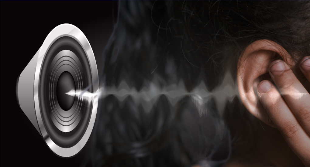 noise signals coming from a speaker. A woman closing her ear with fingers to avoid the sound
