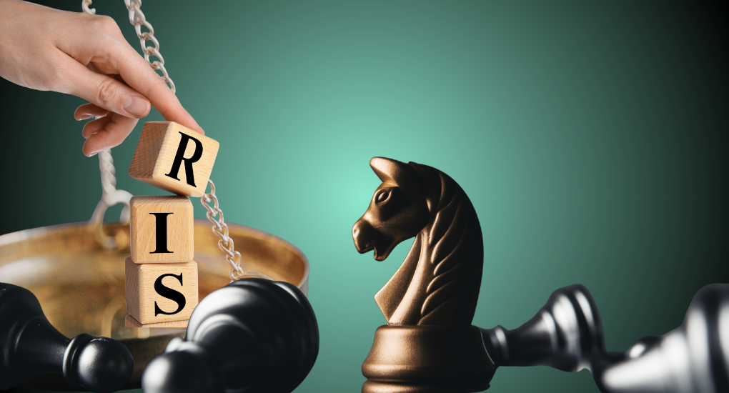 Risk text on a weighing scale and the horse image from chess