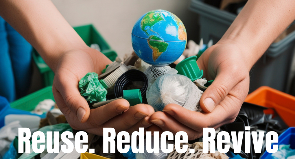 Two hands holding a globe promoting e-waste management with the text reuse, reduce, revive