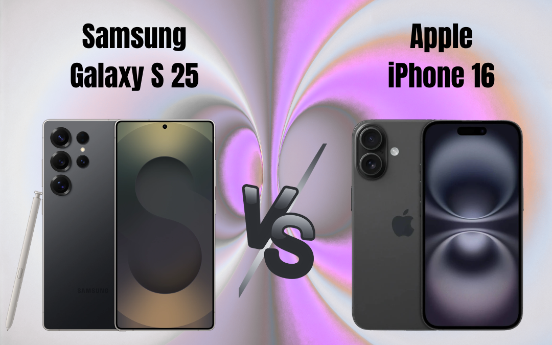 Samsung Galaxy S25 and Apple iPhone 16 placed side by side for comparison